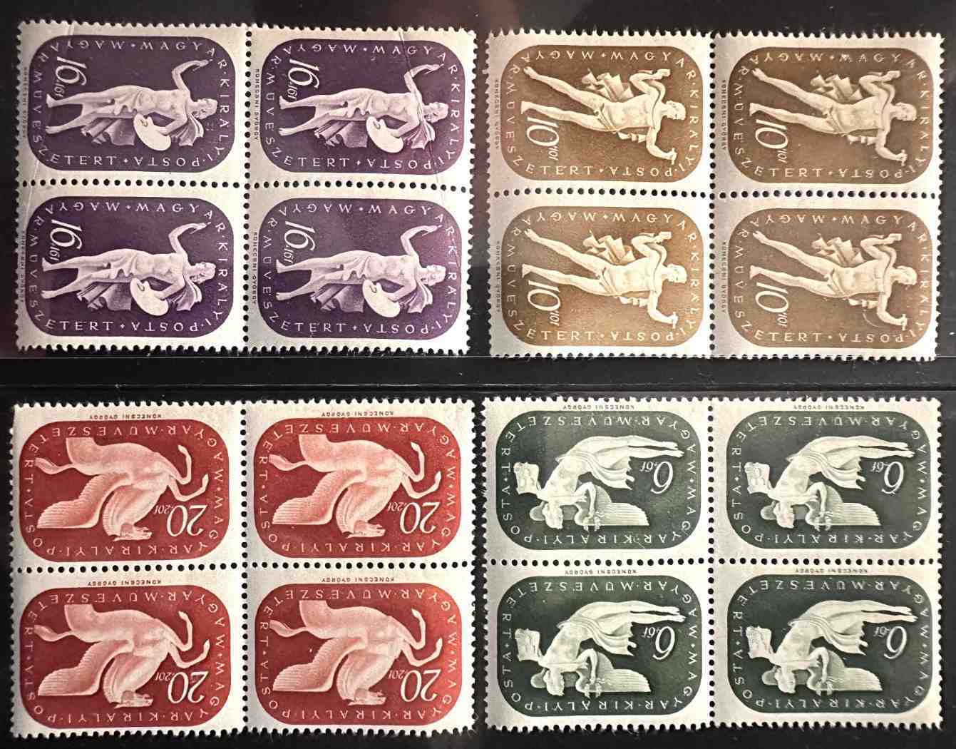 1940 MŰVÉSZ RÉGI MAGYAR BÉLYEG 4-ES TÖMB, POSTATISZTA**