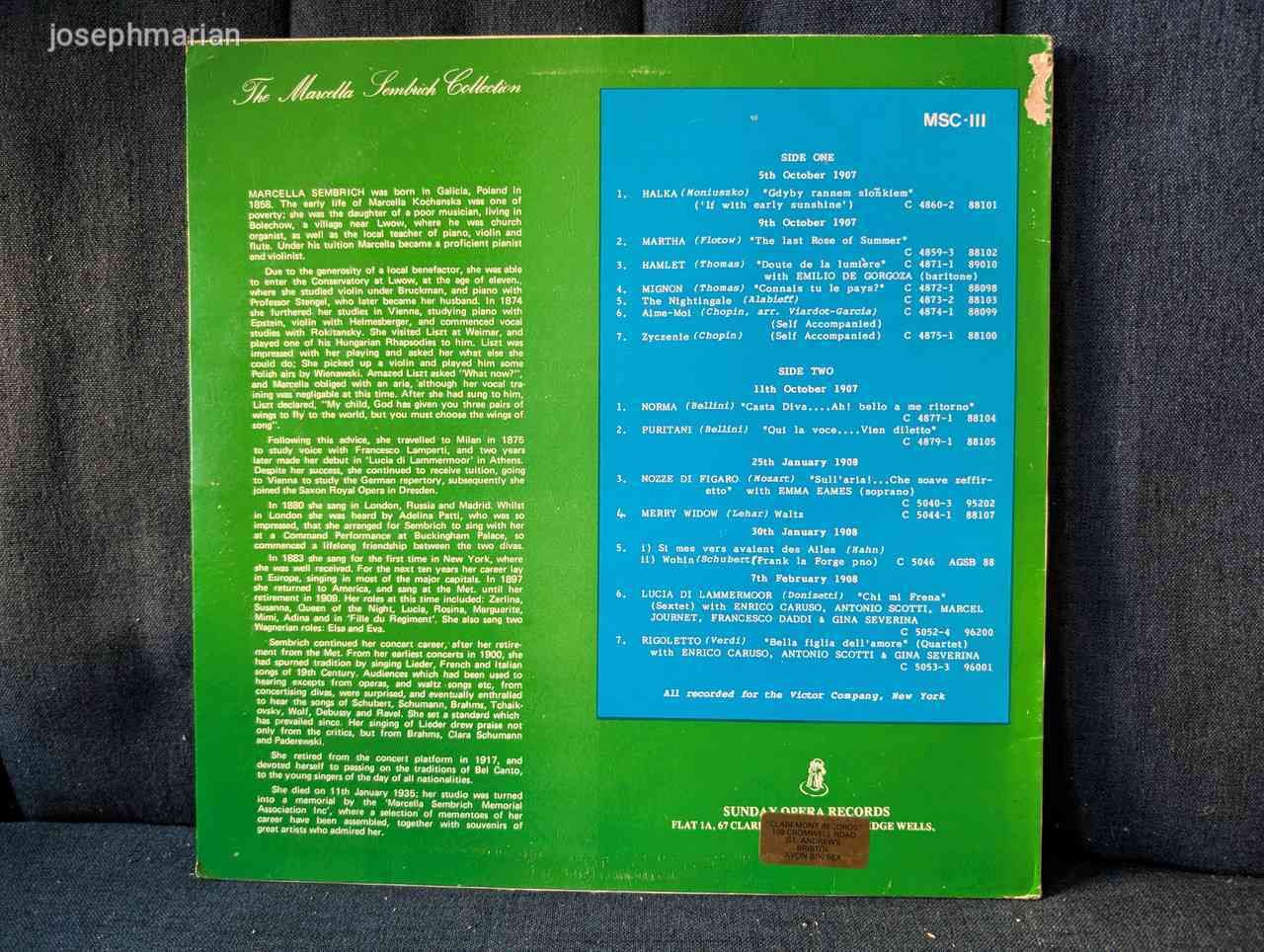 Marcella Sembrich: Volume Three (Vinyl LP Compilation)