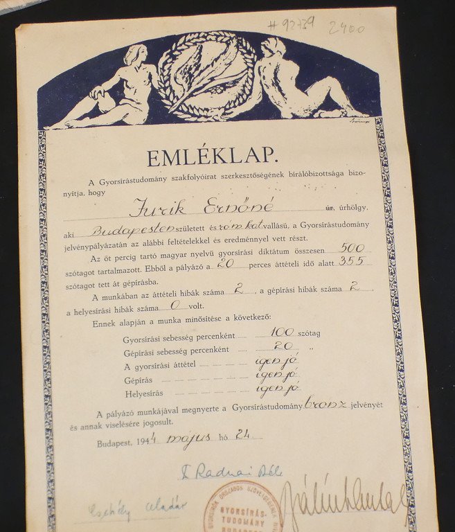 Gyorsíró verseny emléklap 1944