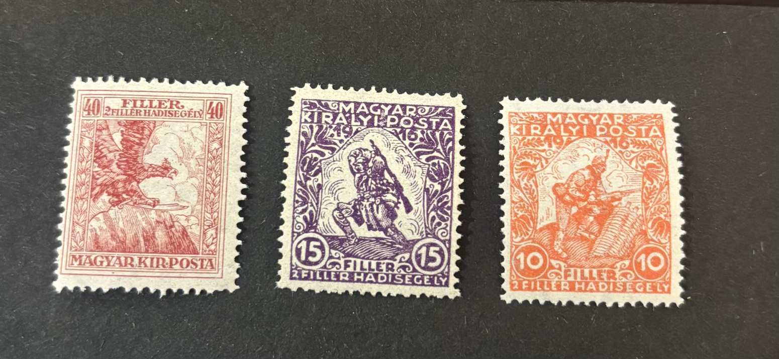 1916 Magyar Kir. Posta Hadisegély bélyegek (10f, 15f, 40f) postatiszta